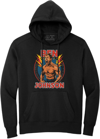 Black Ben Johnson Shirtless hoodie with a comic-style graphic and red lettering.