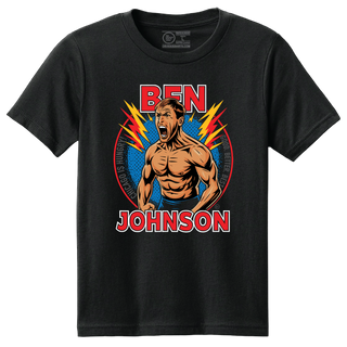 Black youth Ben Johnson Shirtless T-shirt with a comic-style graphic and red lettering.