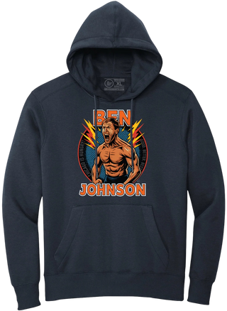 Navy Ben Johnson Shirtless hoodie with a comic-style graphic and orange lettering.
