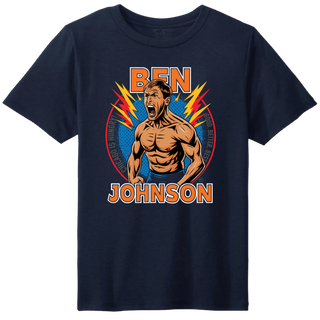 Navy youth Ben Johnson Shirtless T-shirt with a comic-style graphic and orange lettering.