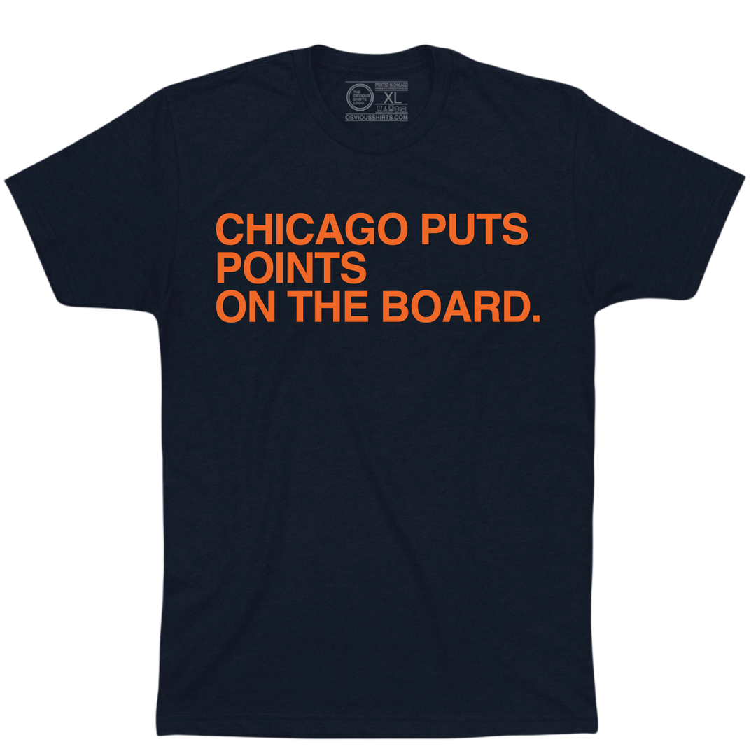 Navy Chicago Puts Points on the Board T-shirt with orange lettering.