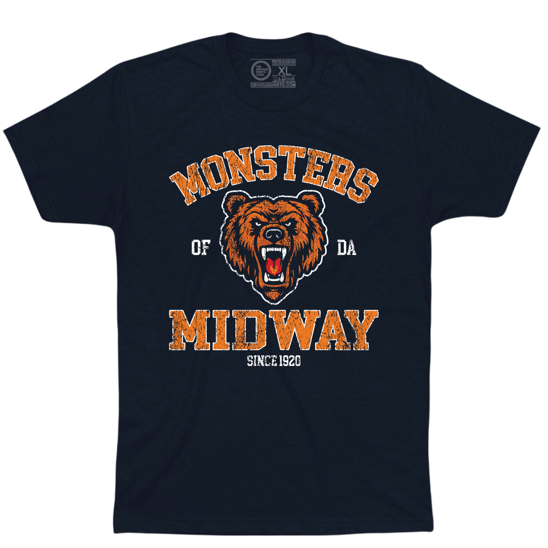 Navy Monsters of Da Midway T-shirt with a roaring bear, distressed orange lettering and Since 1920 text.