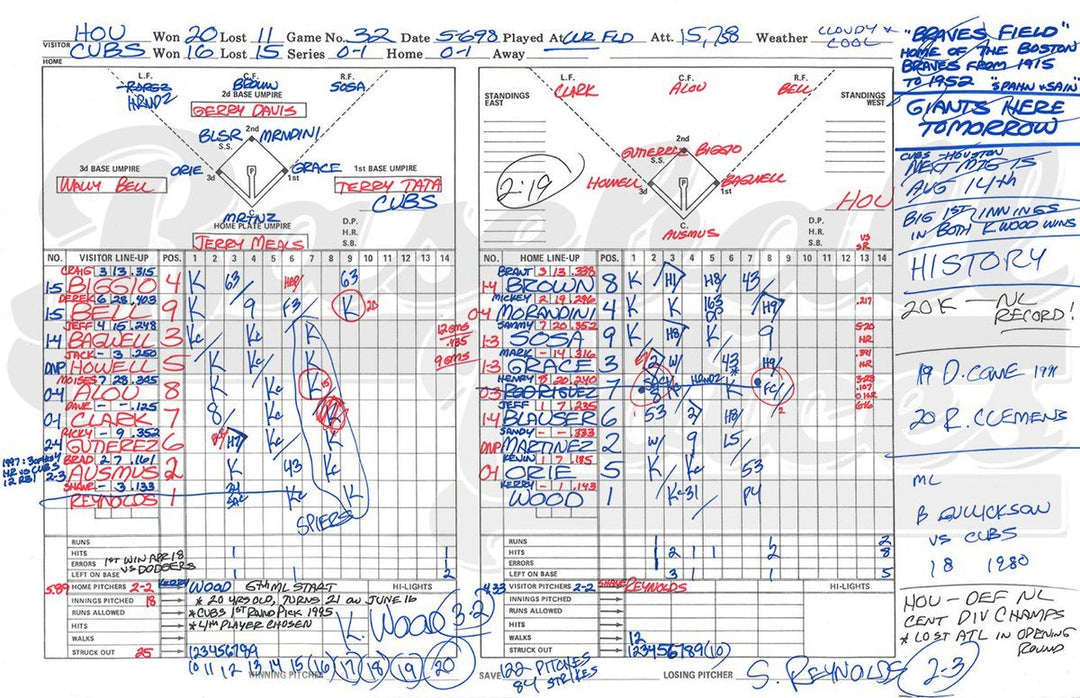 PAT HUGHES SIGNED KERRY WOOD 20K SCORECARD. - OBVIOUS SHIRTS