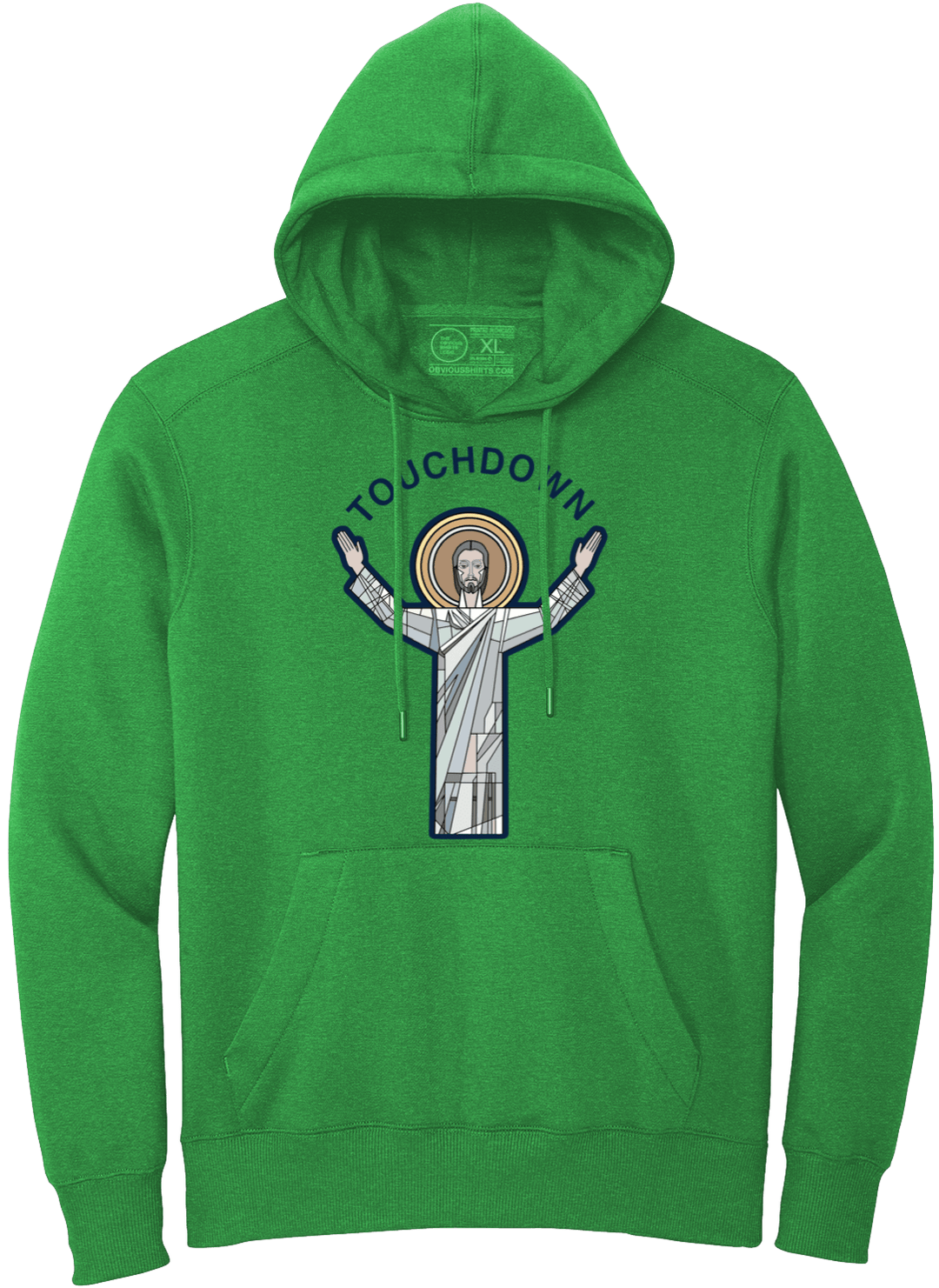 TOUCHDOWN JESUS. (KELLY GREEN HOODED SWEATSHIRT) - OBVIOUS SHIRTS