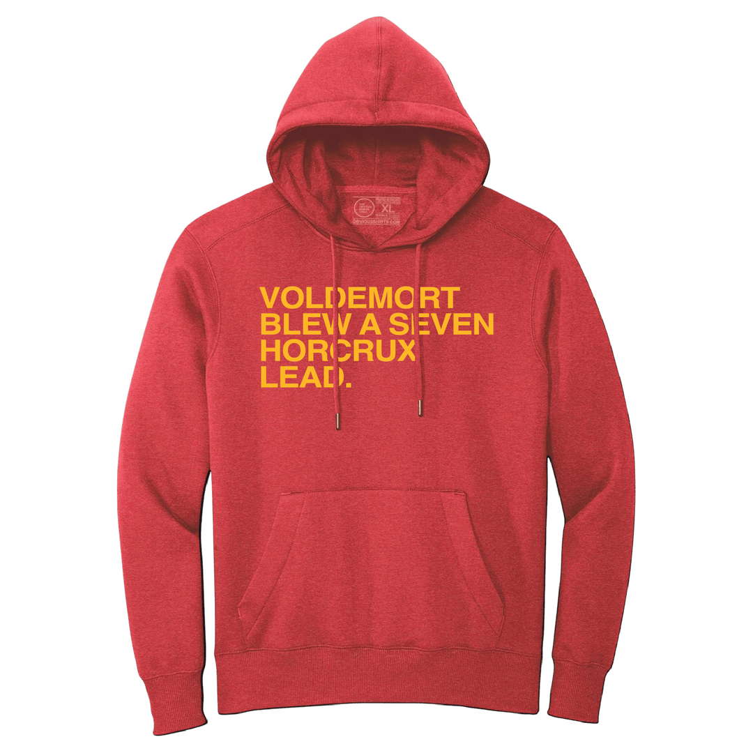 VOLDEMORT BLEW A SEVEN HORCRUX LEAD. (RED & GOLD) HOODED SWEATSHIRT - OBVIOUS SHIRTS
