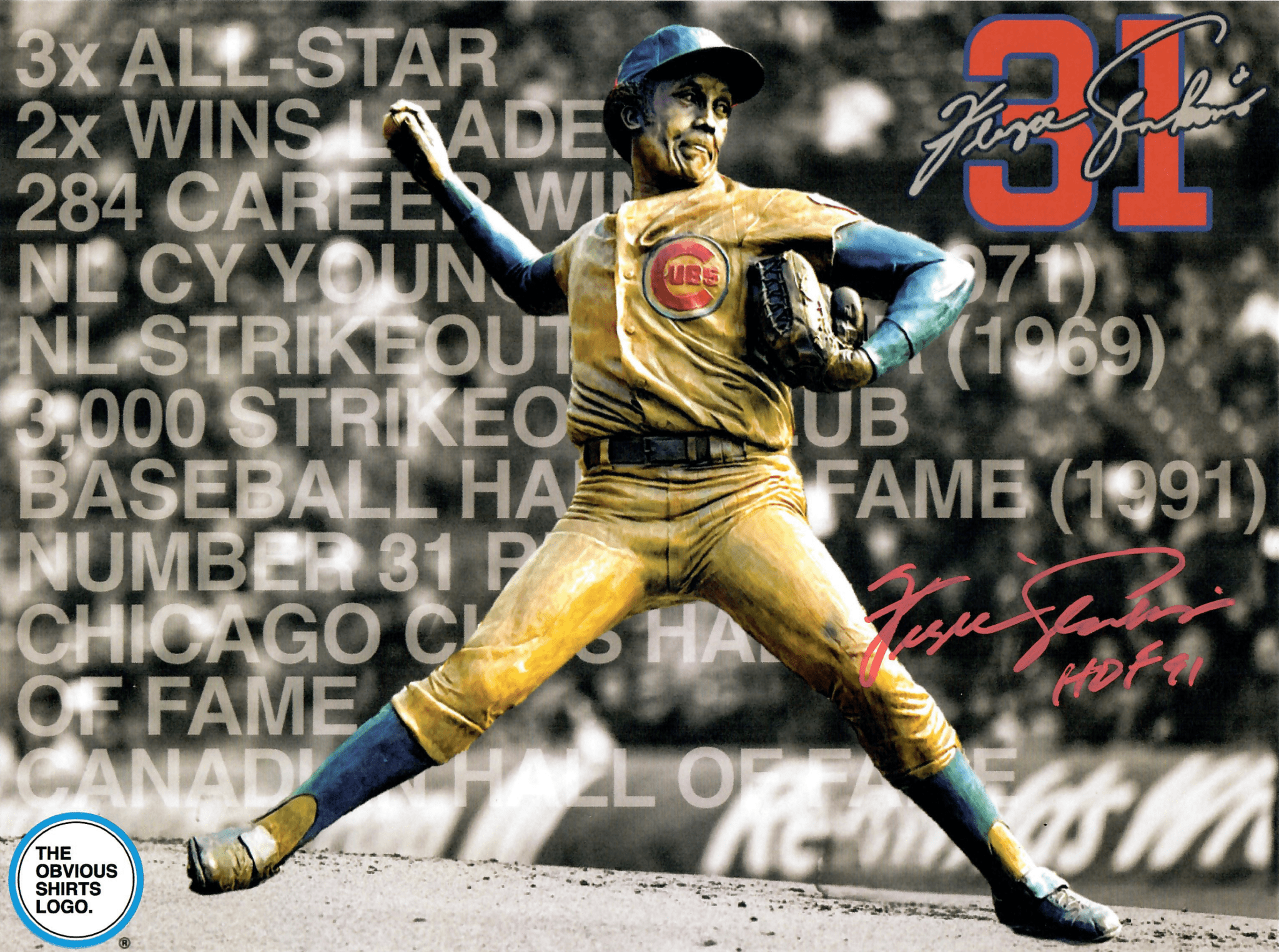 FERGIE JENKINS SIGNED CAREER ACCOMPLISHMENTS 7.5x10 PHOTO - OBVIOUS SHIRTS